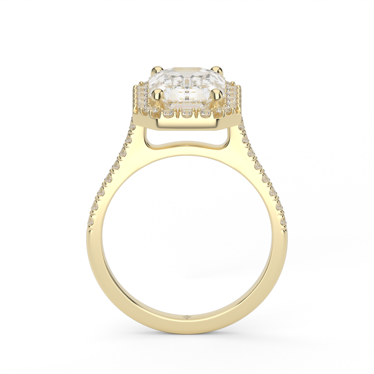 Pavé Halo and Shank Diamond Engagement Ring — 14K Yellow Gold / Emerald / Lab Diamond (image)