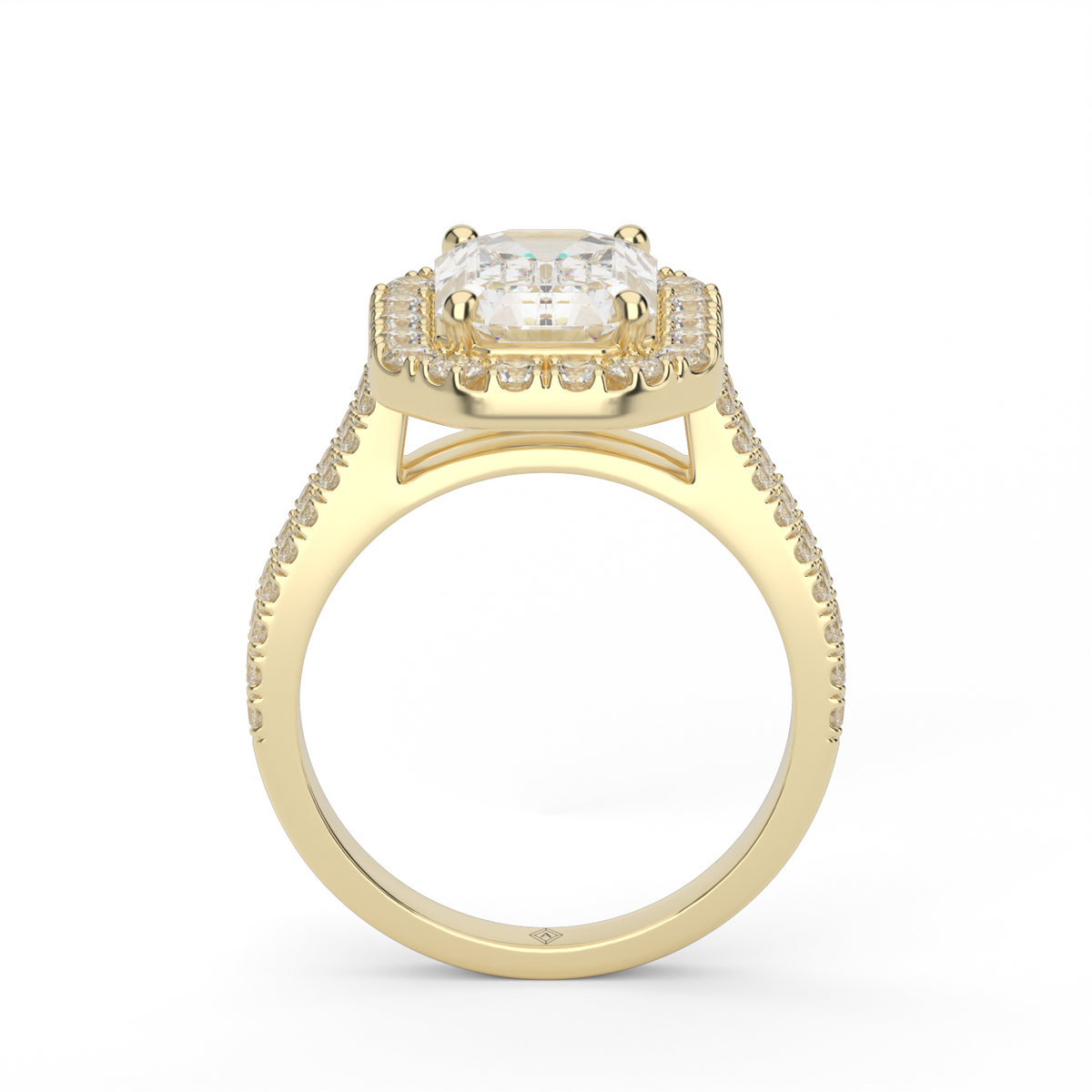 Double Shank Halo Diamond Engagement Ring — 14K Yellow Gold / Emerald / Lab Diamond (image)