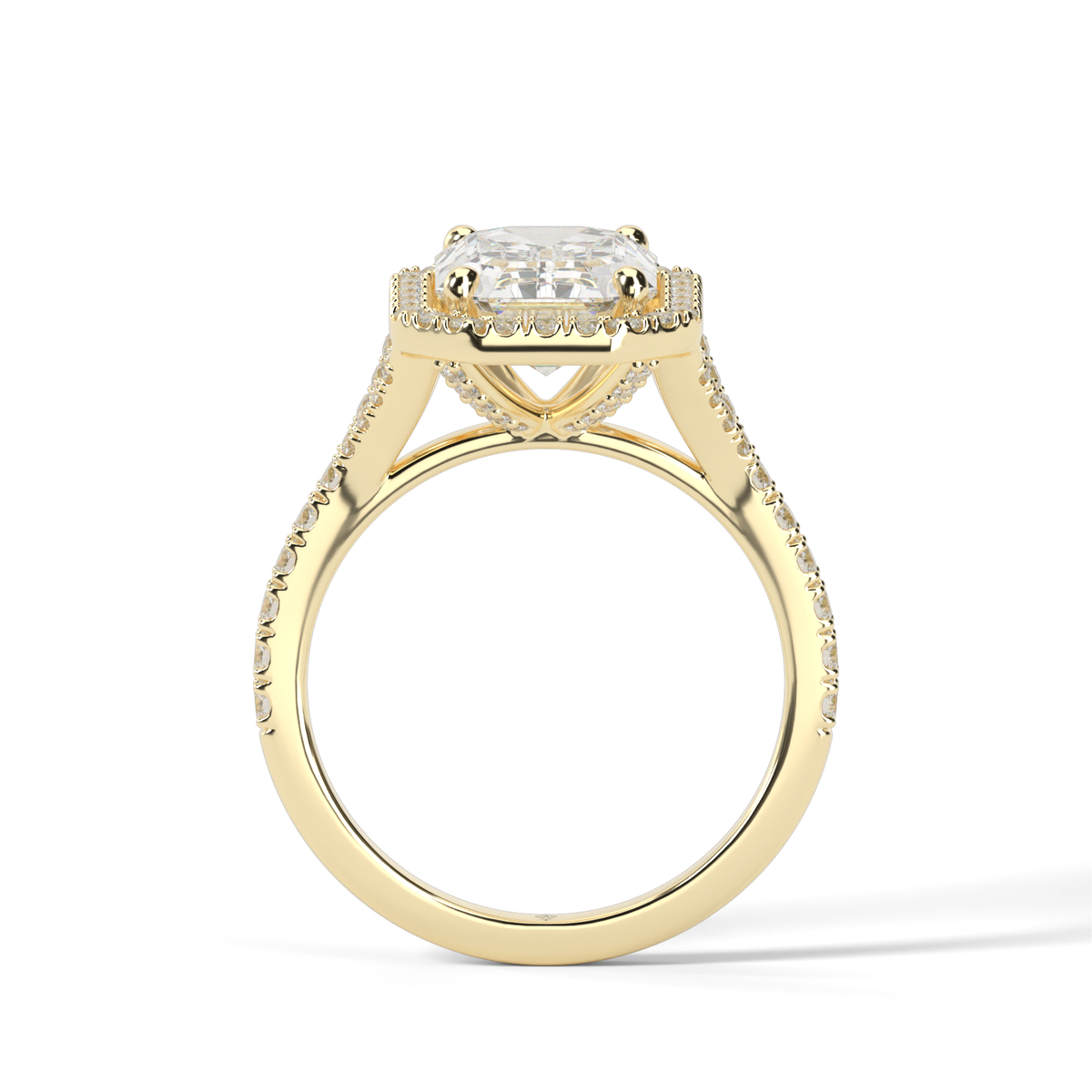Halo Engagement Ring With Split Shank — 14K Yellow Gold / Emerald / Lab Diamond (image)