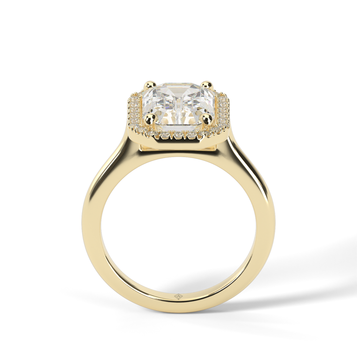 Pavé Halo Solitaire Shank  Engagement Ring — 14K Yellow Gold / Emerald / Lab Diamond (image)