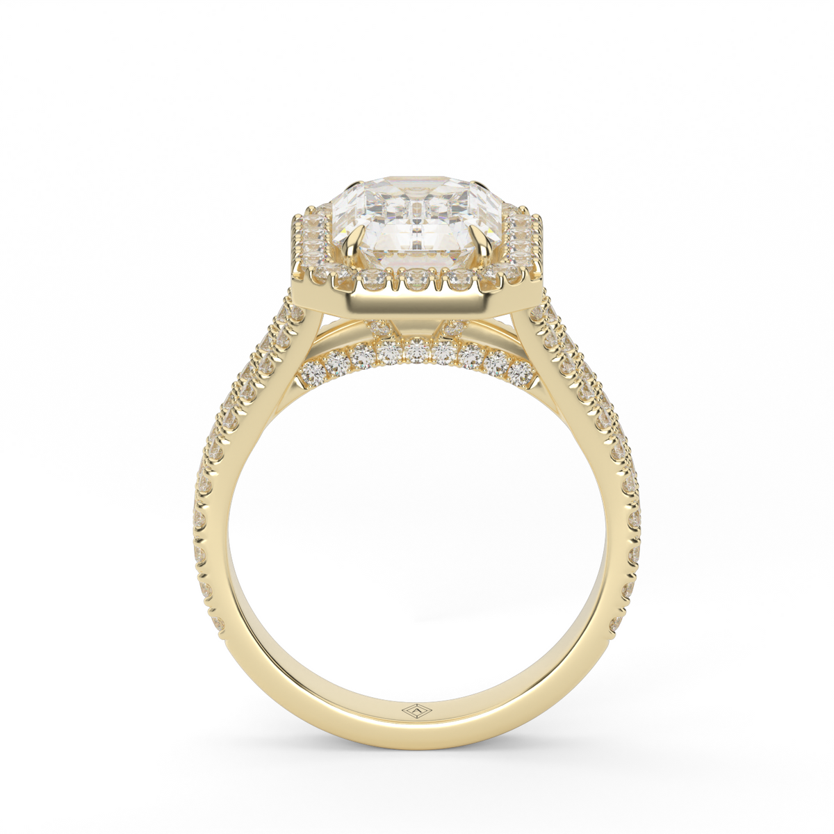 Split Band Diamond Halo Engagement Ring — 14K Yellow Gold / Emerald / Lab Diamond (image)