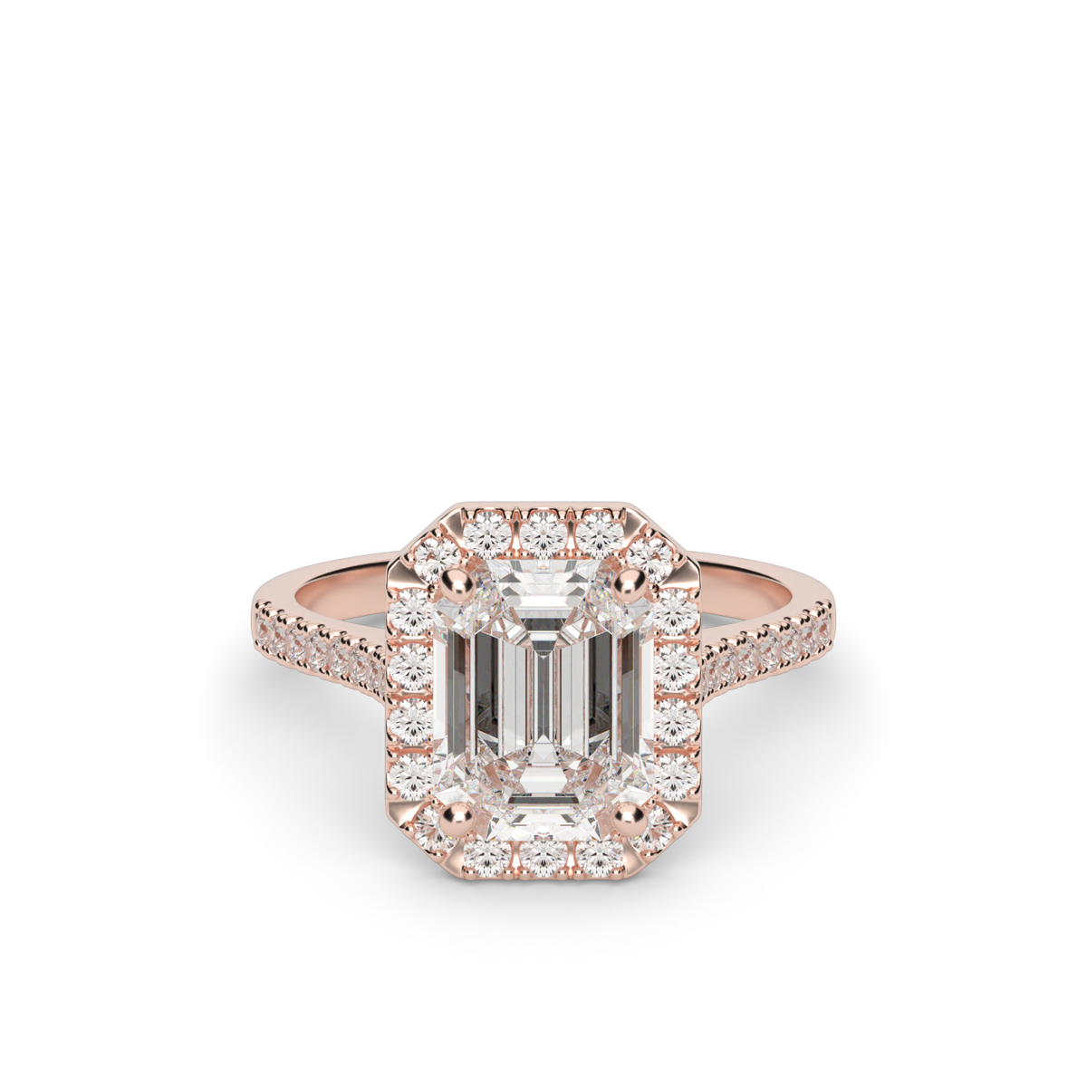 Pavé Halo and Shank Diamond Engagement Ring — 14K Rose Gold / Emerald / Lab Diamond (image)