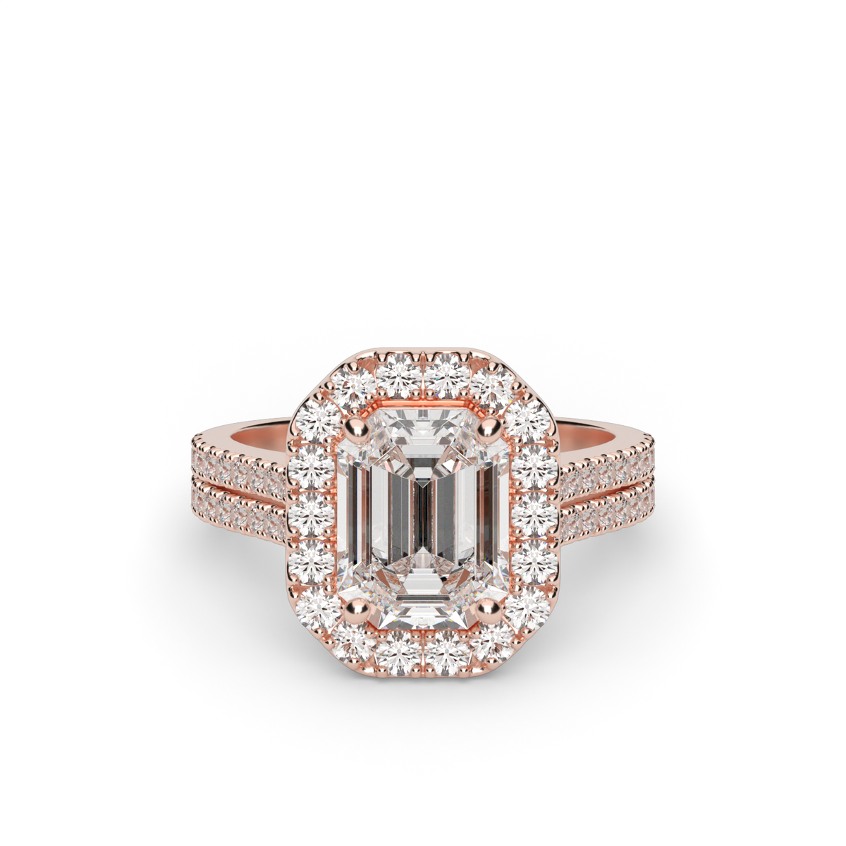 Double Shank Halo Diamond Engagement Ring — 14K Rose Gold / Emerald / Lab Diamond (image)