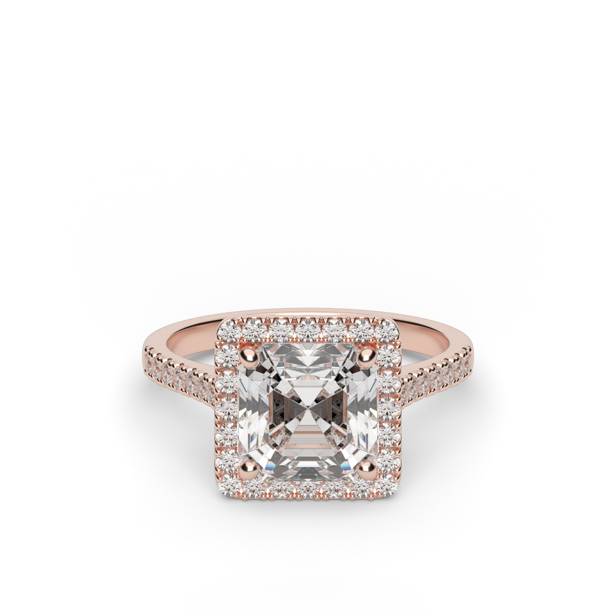 Pavé Halo and Shank Diamond Engagement Ring — 14K Rose Gold / Asscher / Lab Diamond (image)