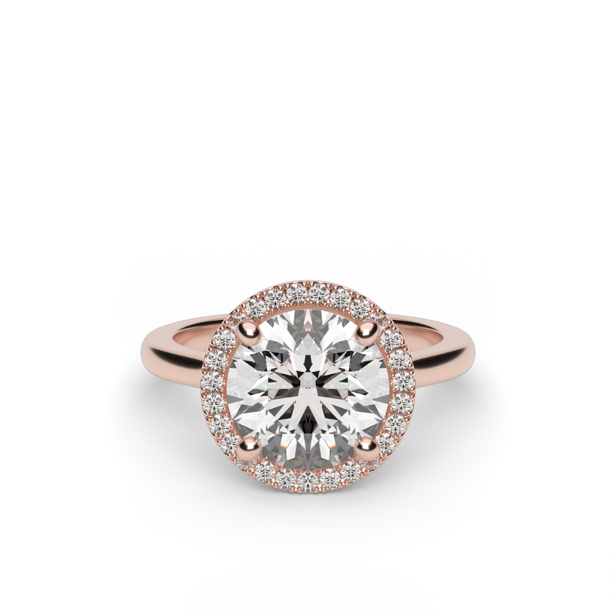 Pavé Halo Solitaire Shank  Engagement Ring — 14K Rose Gold / Round / Lab Diamond (image)