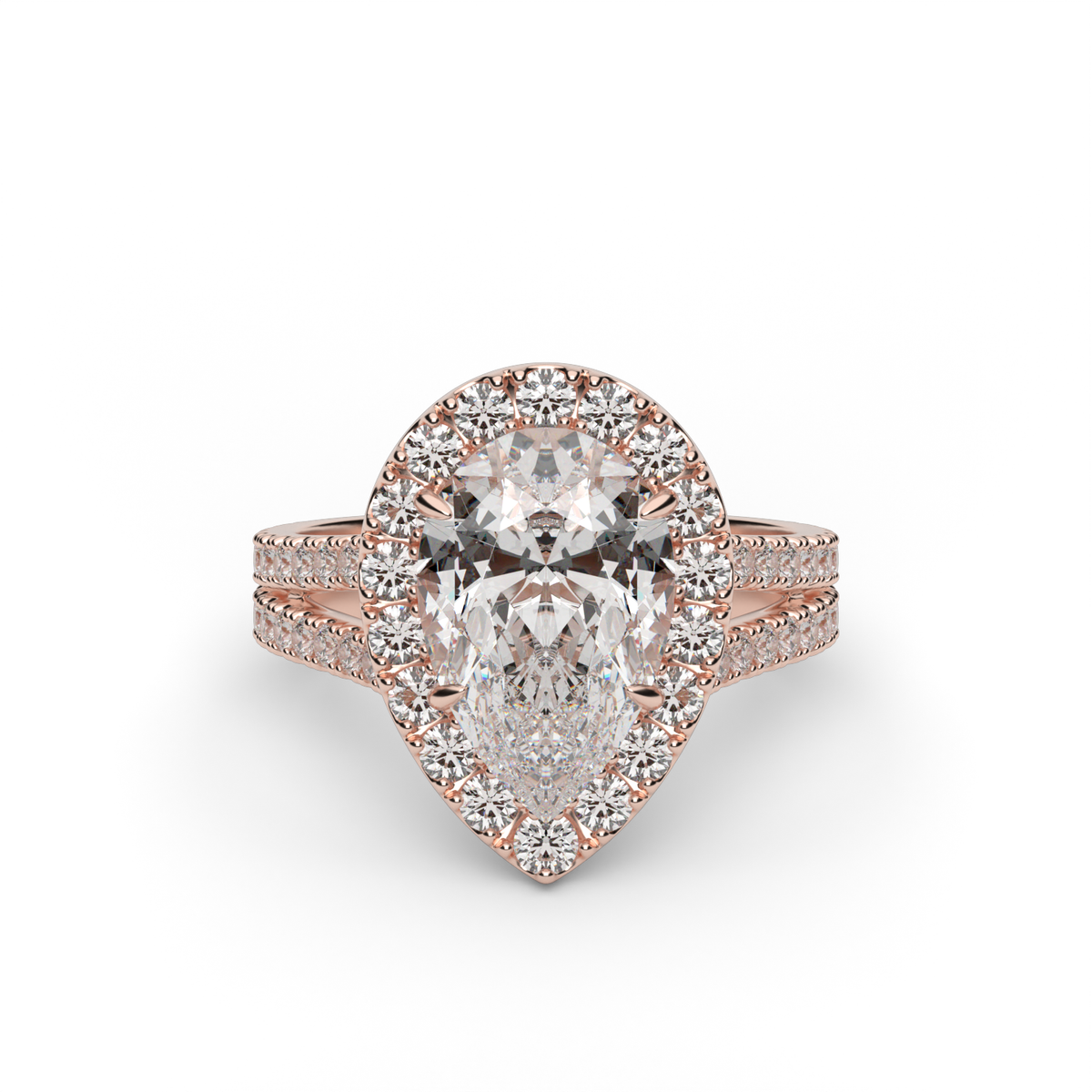 Split Band Diamond Halo Engagement Ring — 14K Rose Gold / Pear / Lab Diamond (image)