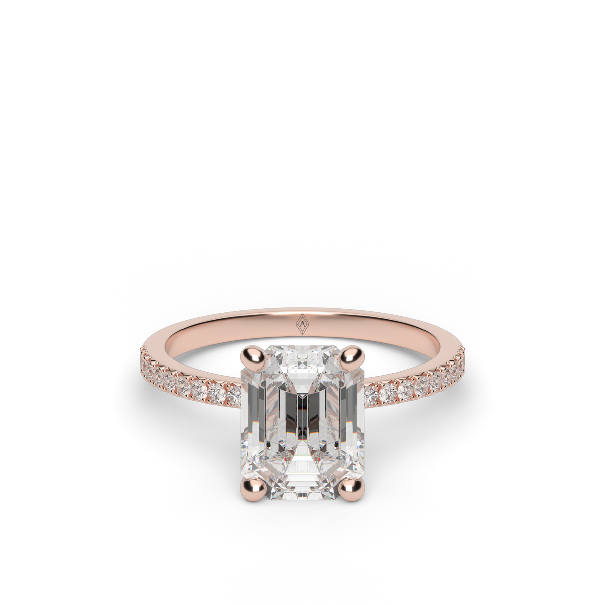Petite French Cut Pave Engagement Ring — 14K Rose Gold / Emerald / Lab Diamond (image)