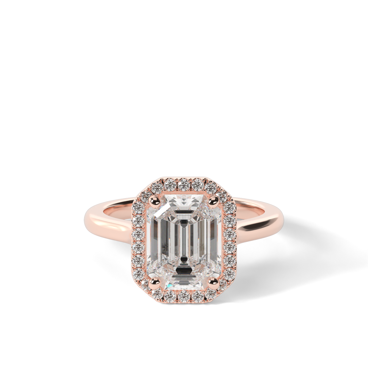Pavé Halo Solitaire Shank  Engagement Ring — 14K Rose Gold / Emerald / Lab Diamond (image)