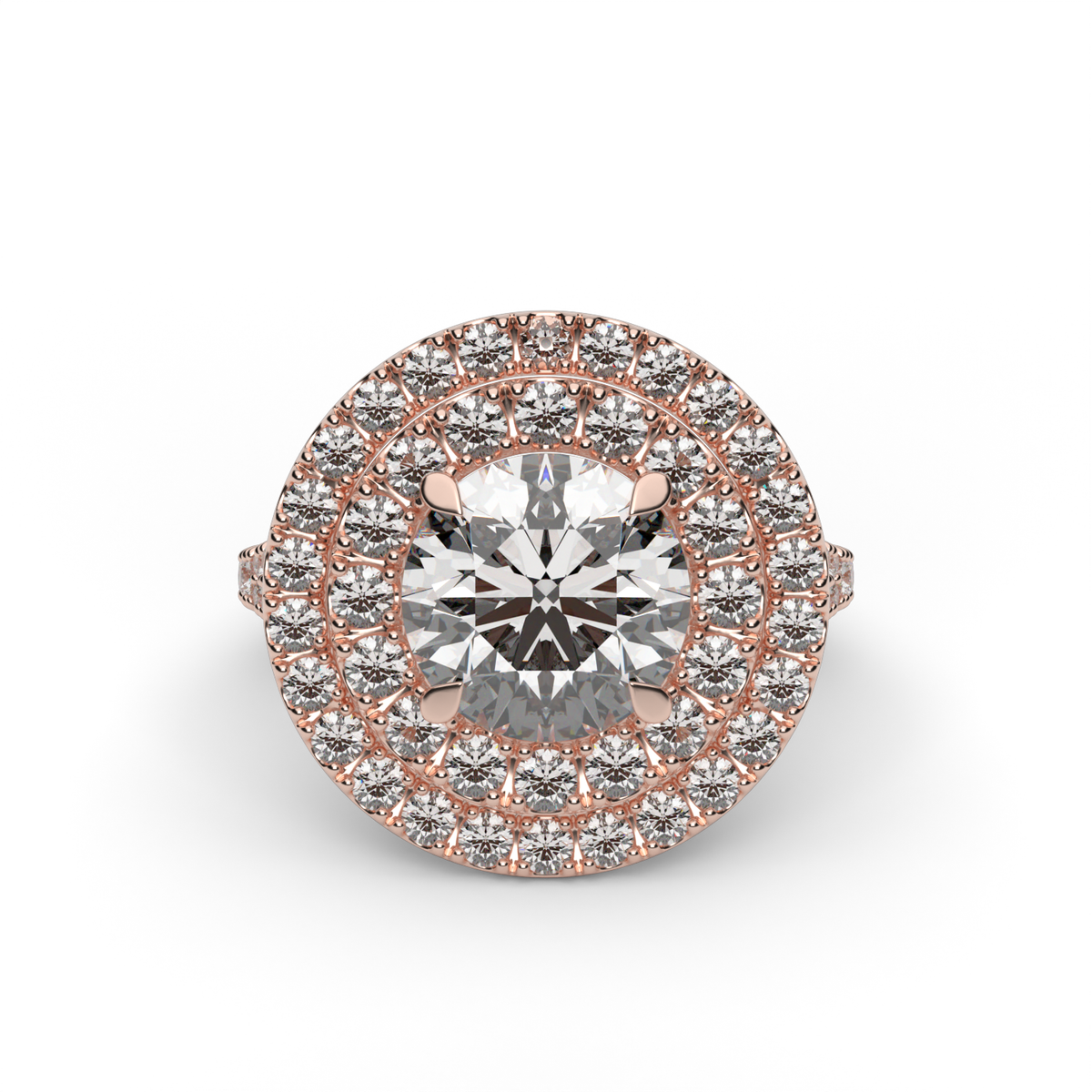 Double Halo Split Shank  Engagement Ring — 14K Rose Gold / Round / Lab Diamond (image)