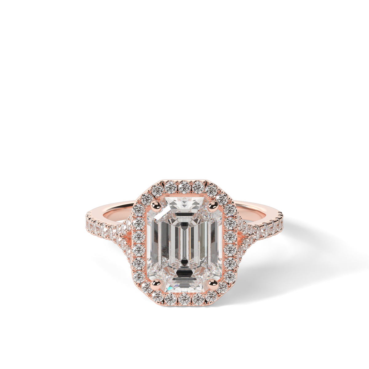 Halo Engagement Ring With Split Shank — 14K Rose Gold / Emerald / Lab Diamond (image)