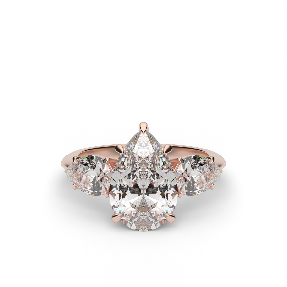 Three-Stone  Engagement Ring With Pear Side Diamonds — 14K Rose Gold / Pear / Lab Diamond (image)