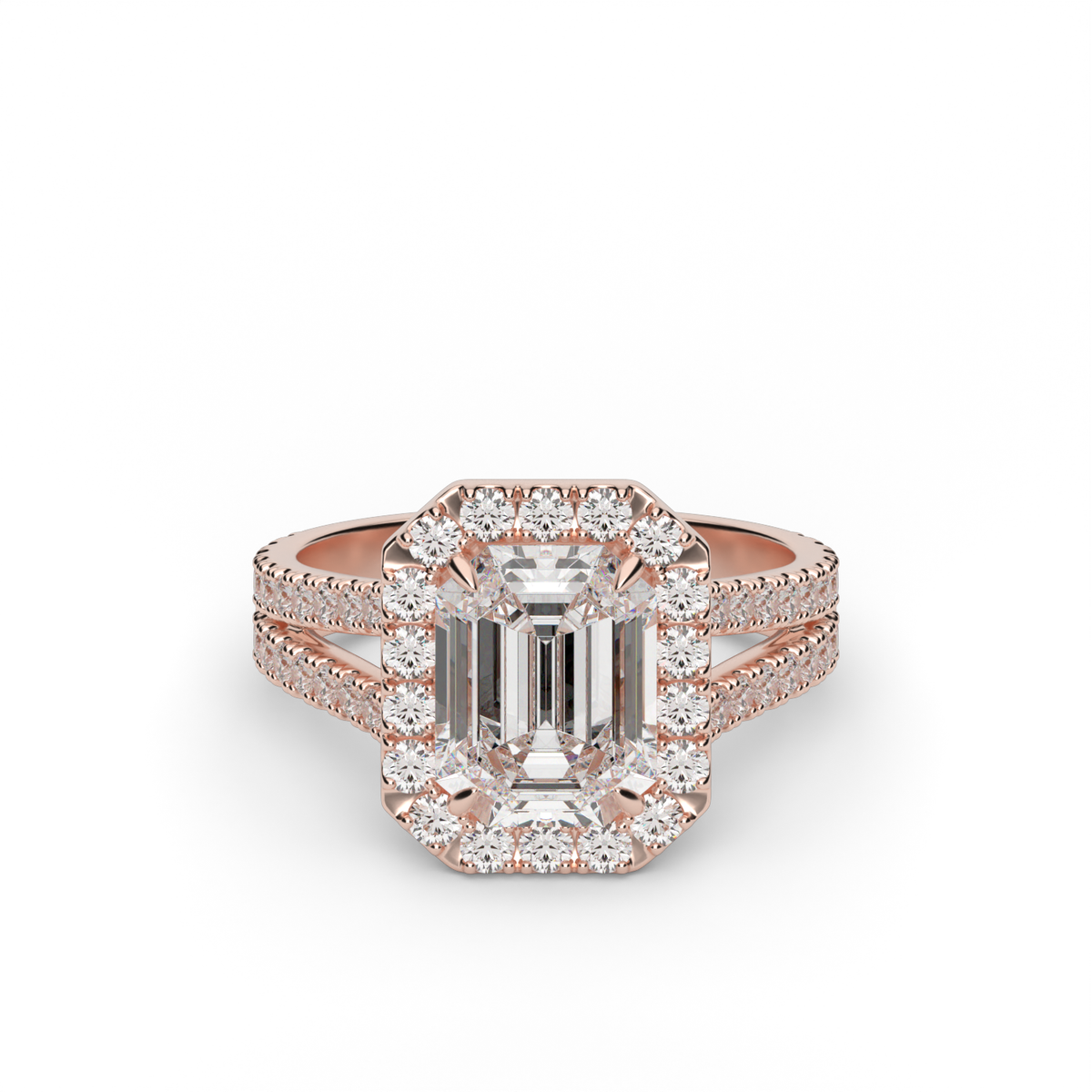 Split Band Diamond Halo Engagement Ring — 14K Rose Gold / Emerald / Lab Diamond (image)