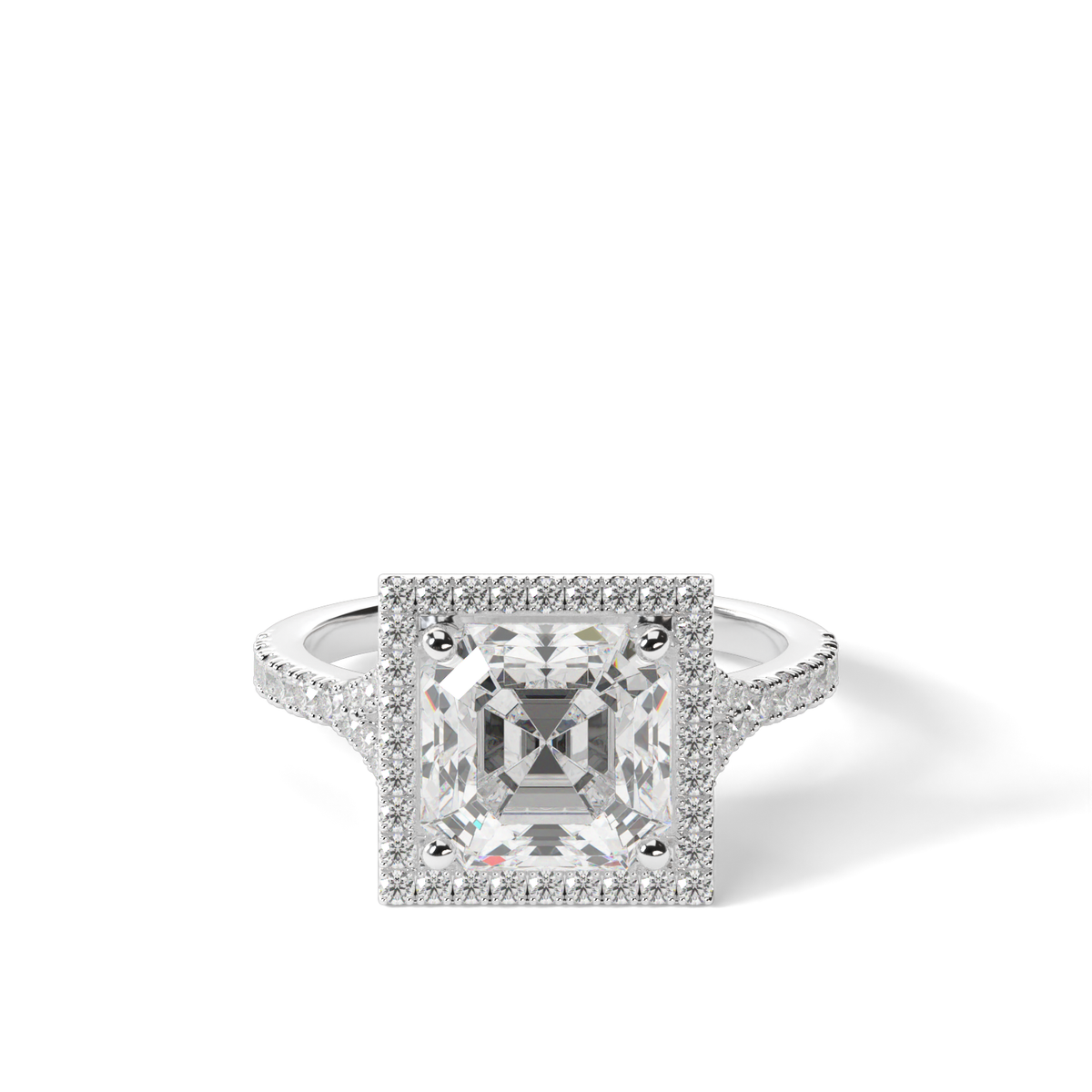 Halo Engagement Ring With Split Shank — 14K White Gold / Asscher / Lab Diamond (image)