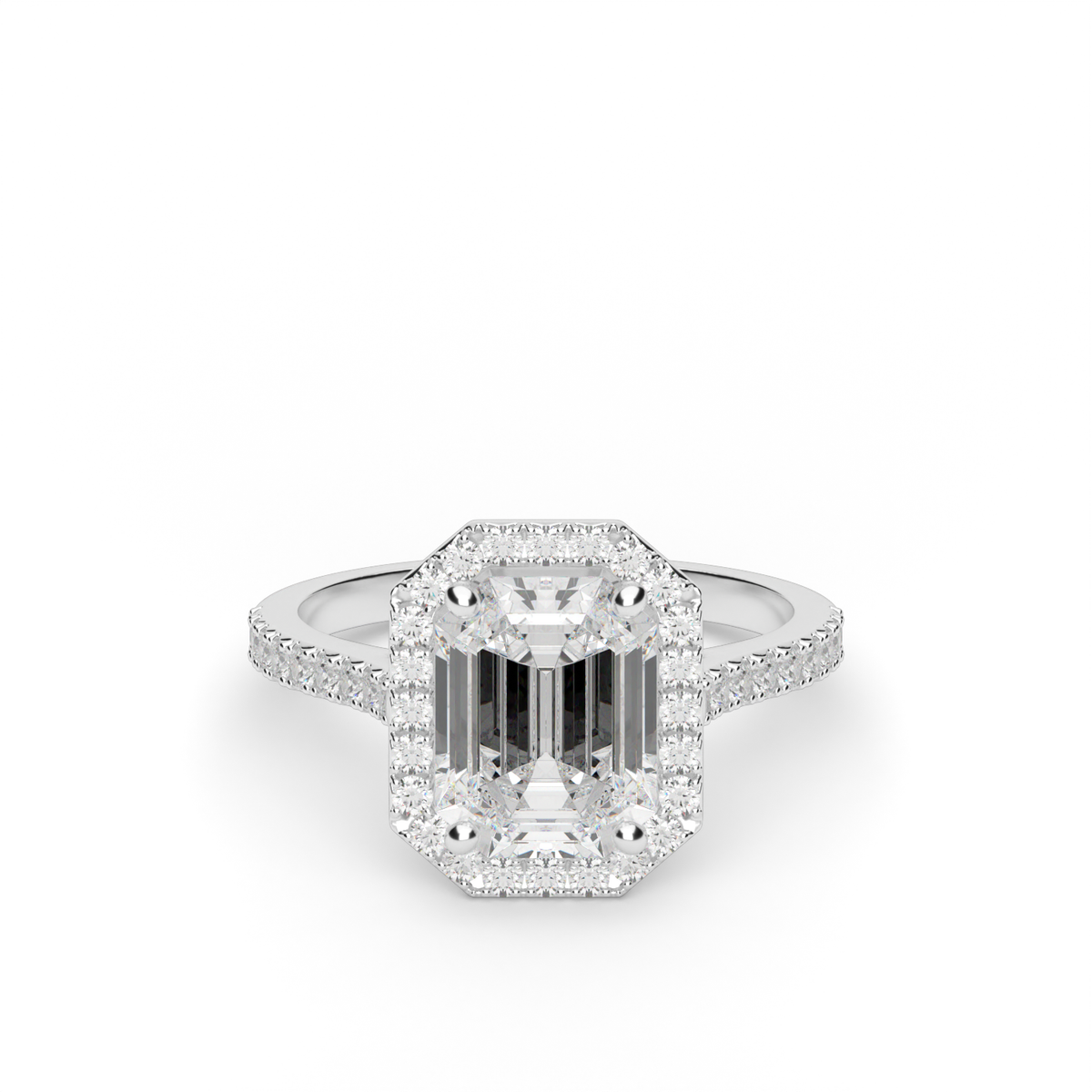 Halo Cushion Head  Pavé Engagement Ring — 14K White Gold / Emerald / Lab Diamond (image)