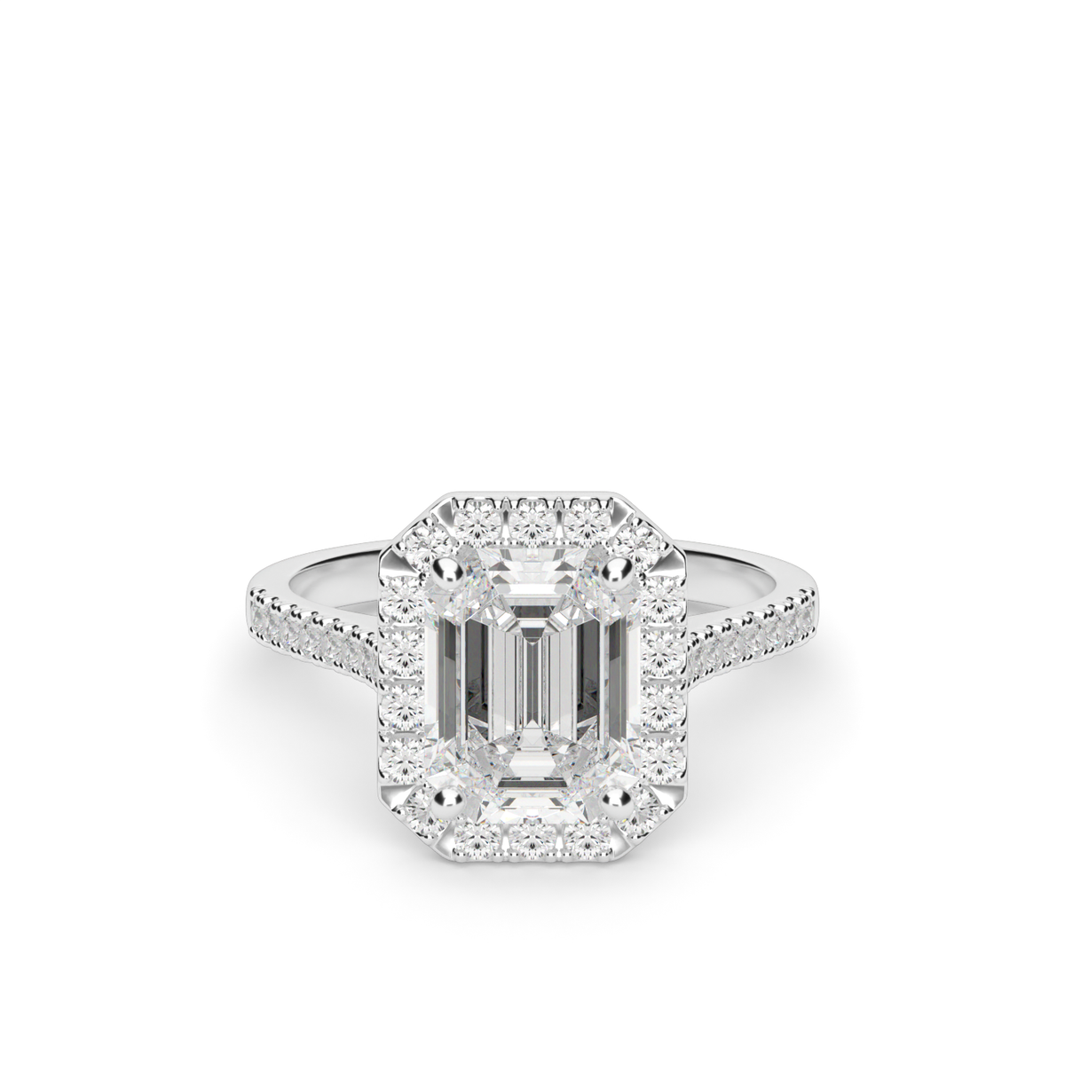 Pavé Halo and Shank Diamond Engagement Ring — 14K White Gold / Emerald / Lab Diamond (image)