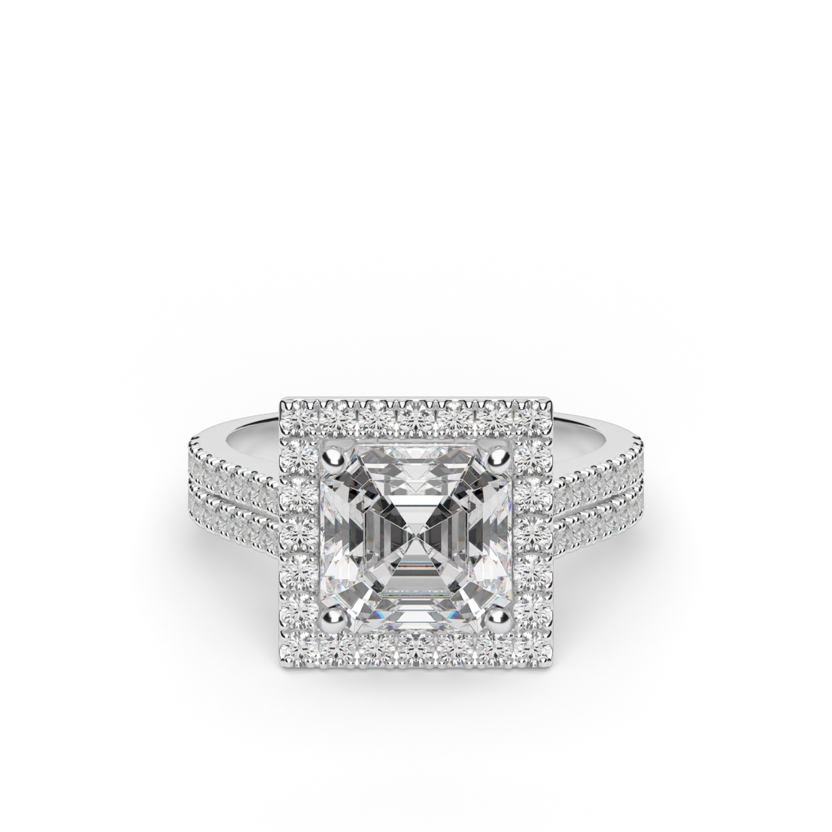 Double Shank Halo Diamond Engagement Ring — 14K White Gold / Asscher / Lab Diamond (image)