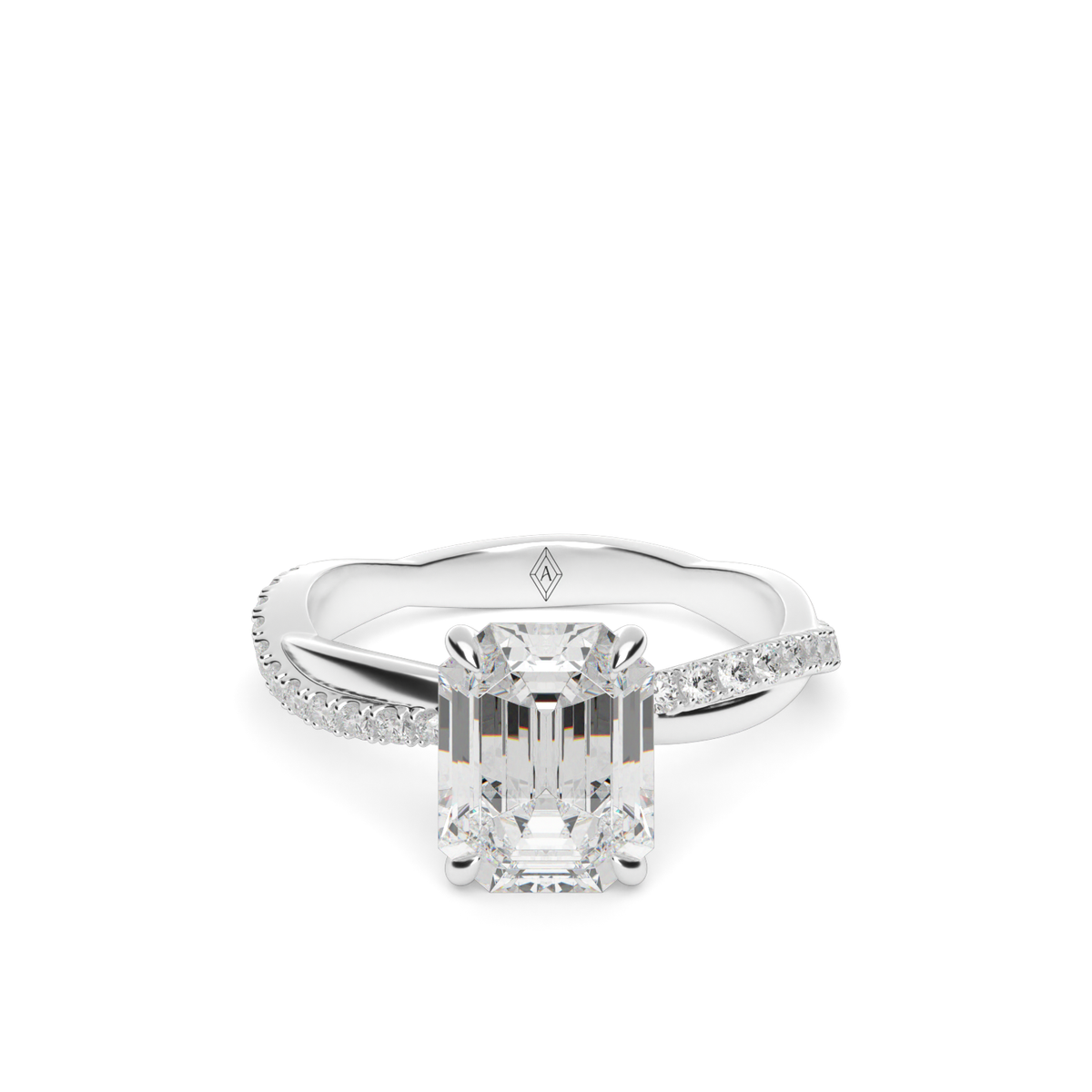 Pavé Shank Engagement Ring — 14K White Gold / Emerald / Lab Diamond (image)