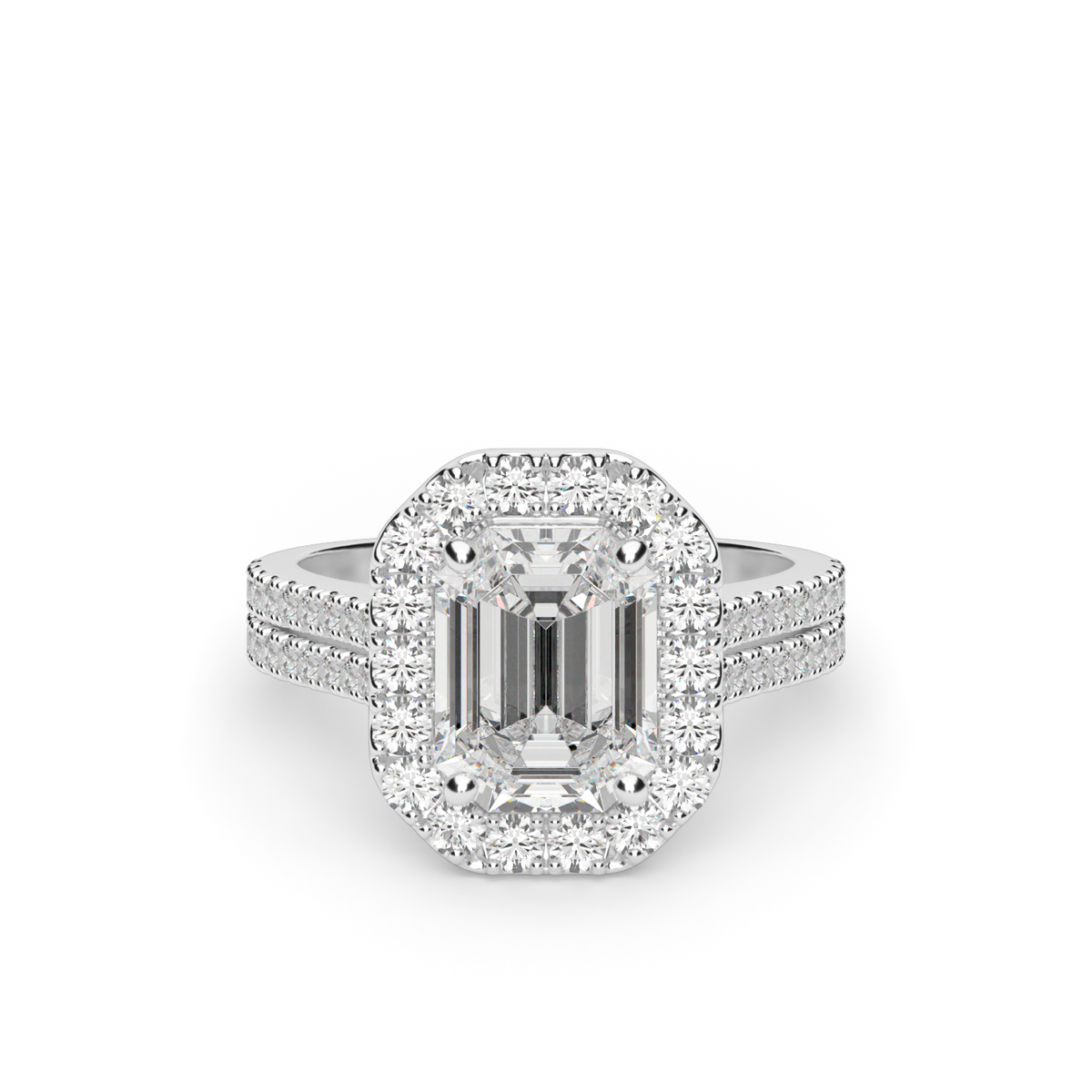 Double Shank Halo Diamond Engagement Ring — 14K White Gold / Emerald / Lab Diamond (image)