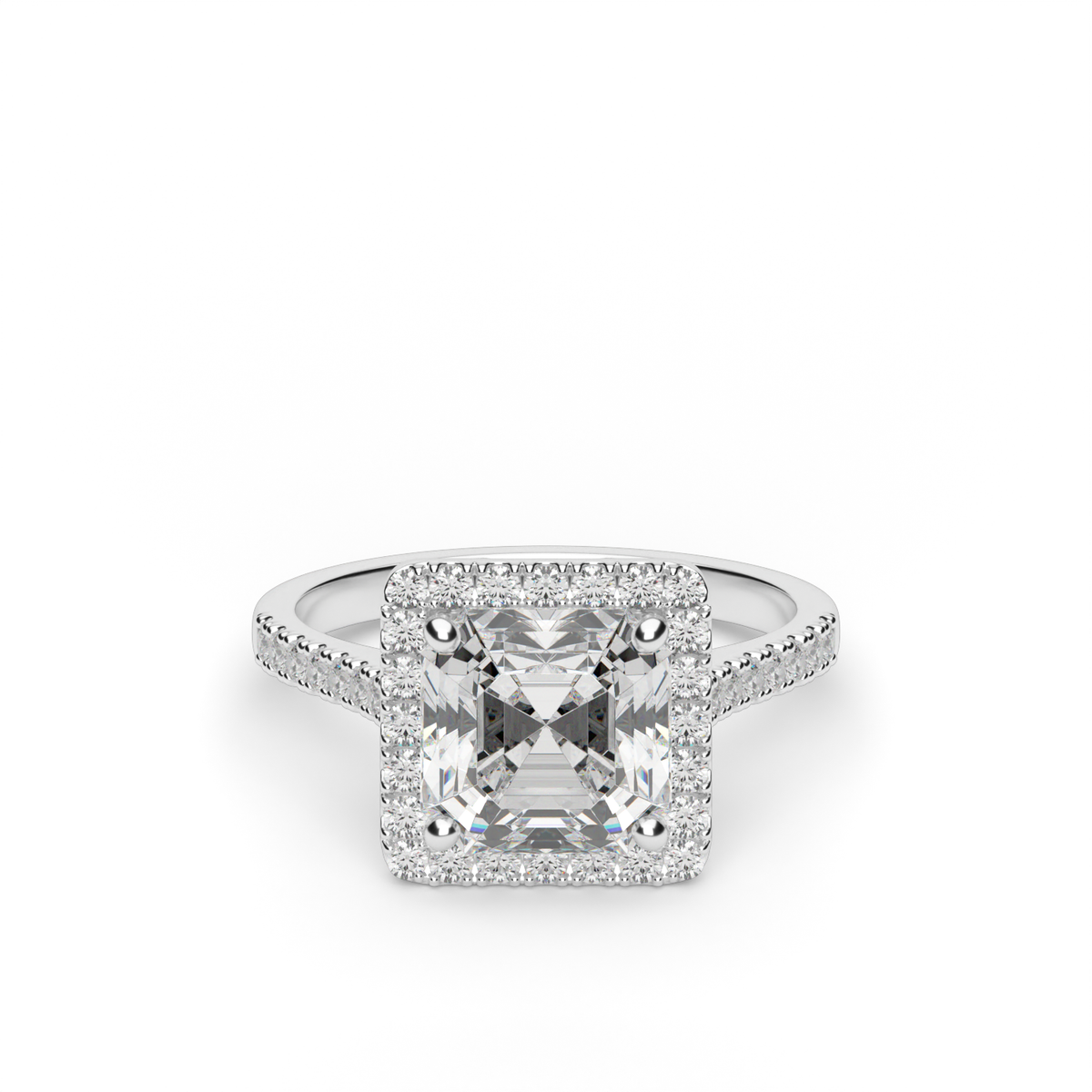 Pavé Halo and Shank Diamond Engagement Ring — 14K White Gold / Asscher / Lab Diamond (image)