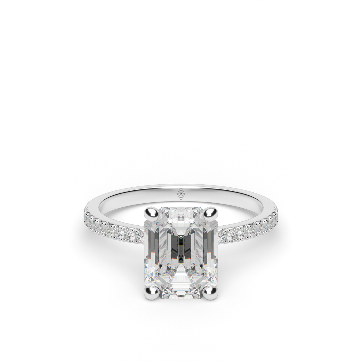 Petite French Cut Pave Engagement Ring — 14K White Gold / Emerald / Lab Diamond (image)