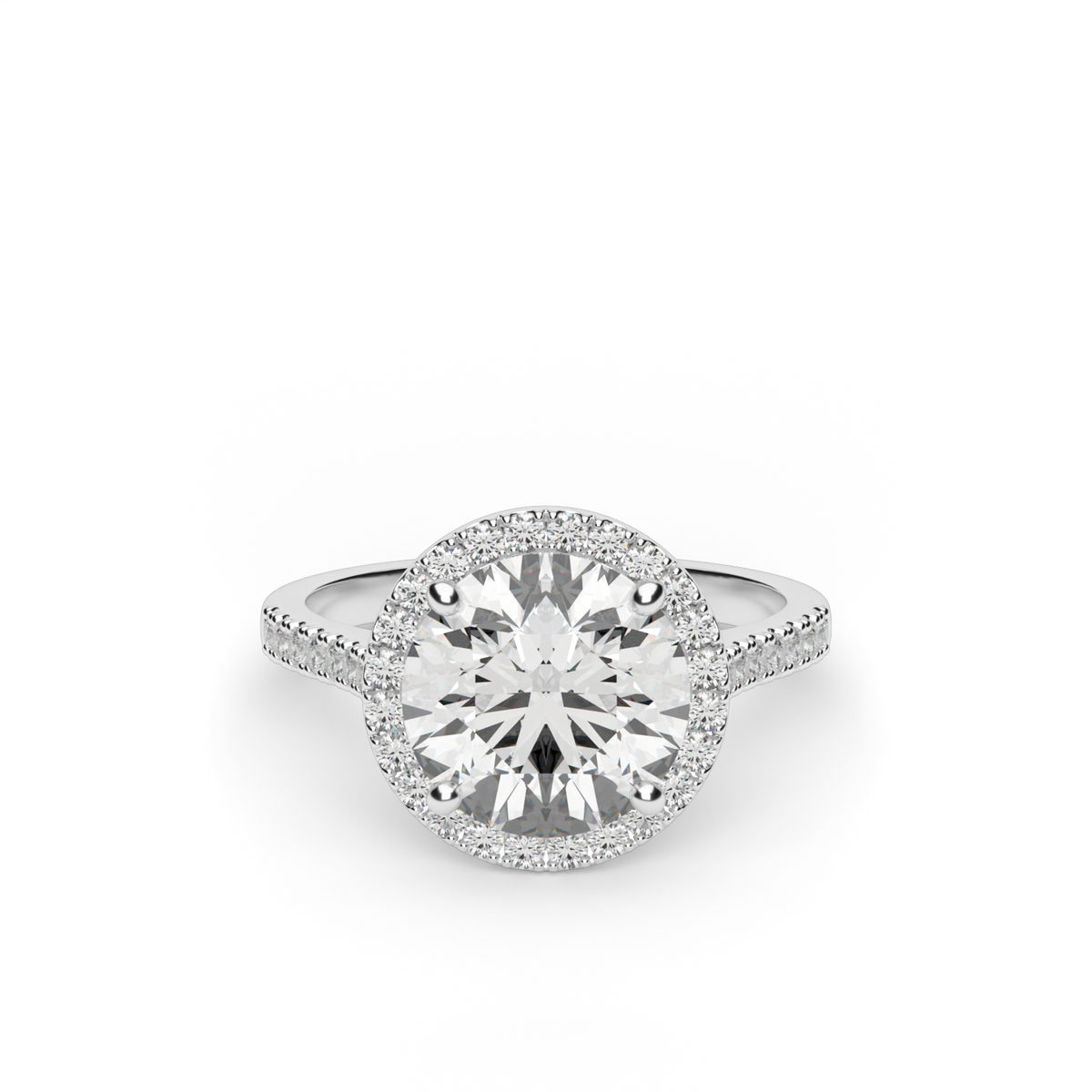 Pavé Halo and Shank Diamond Engagement Ring — 14K White Gold / Round / Lab Diamond (image)