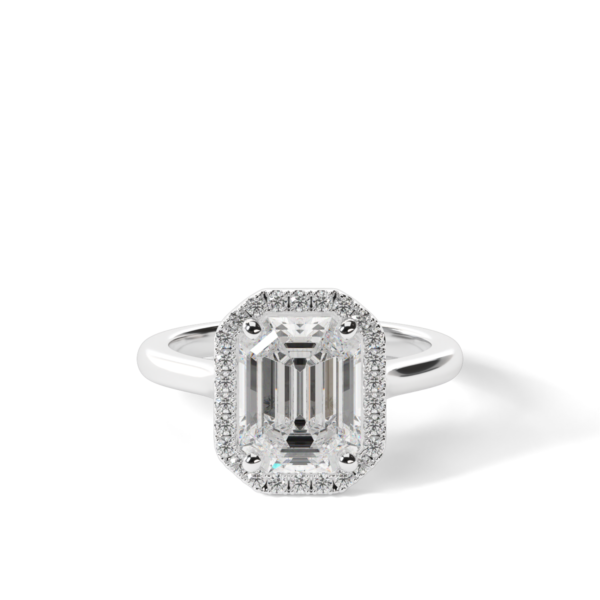 Pavé Halo Solitaire Shank  Engagement Ring — 14K White Gold / Emerald / Lab Diamond (image)