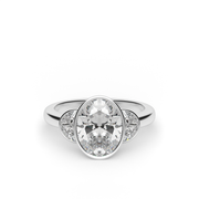 White Gold Oval Cut Diamond Three Stone Engagement Ring With Half Moon  Bezel Setting 
