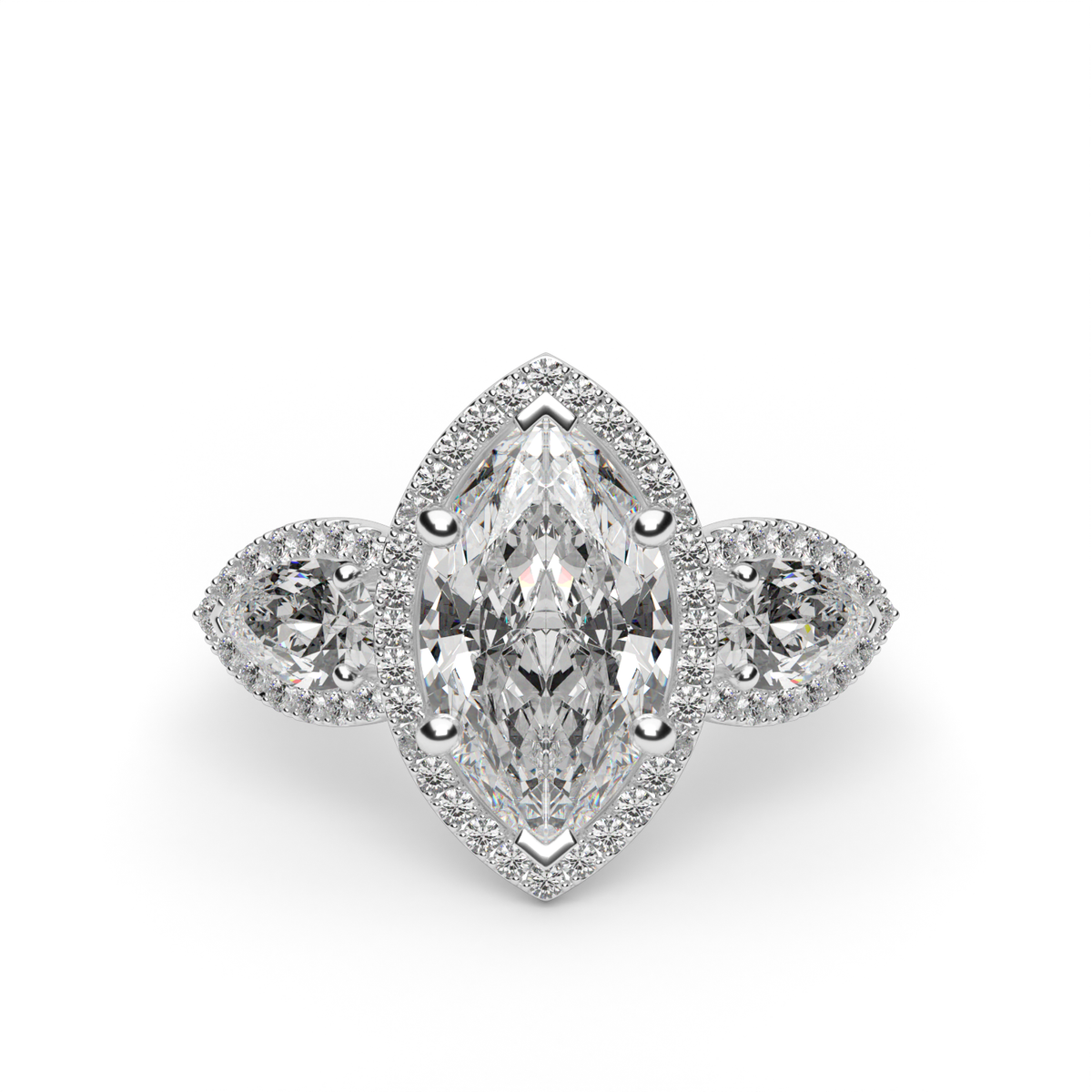 Marquise Cut Diamond Halo Trio Engagement Ring — 14K White Gold / Marquise / Lab Diamond (image)