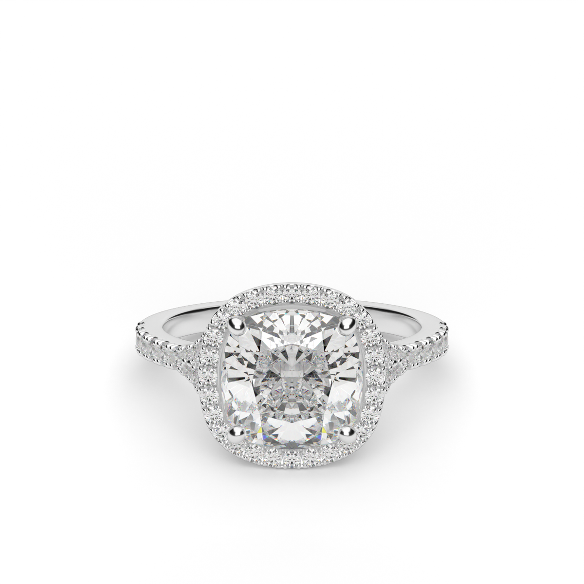 Halo Engagement Ring With Split Shank — 14K White Gold / Cushion / Lab Diamond (image)