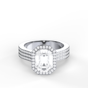 White Gold Emerald Cut Diamond Hidden Halo Pave Engagement  Ring With Share Prong Setting 