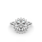 White Gold Round Shape Diamond Halo Engagement Ring With Shared Prong Setting.