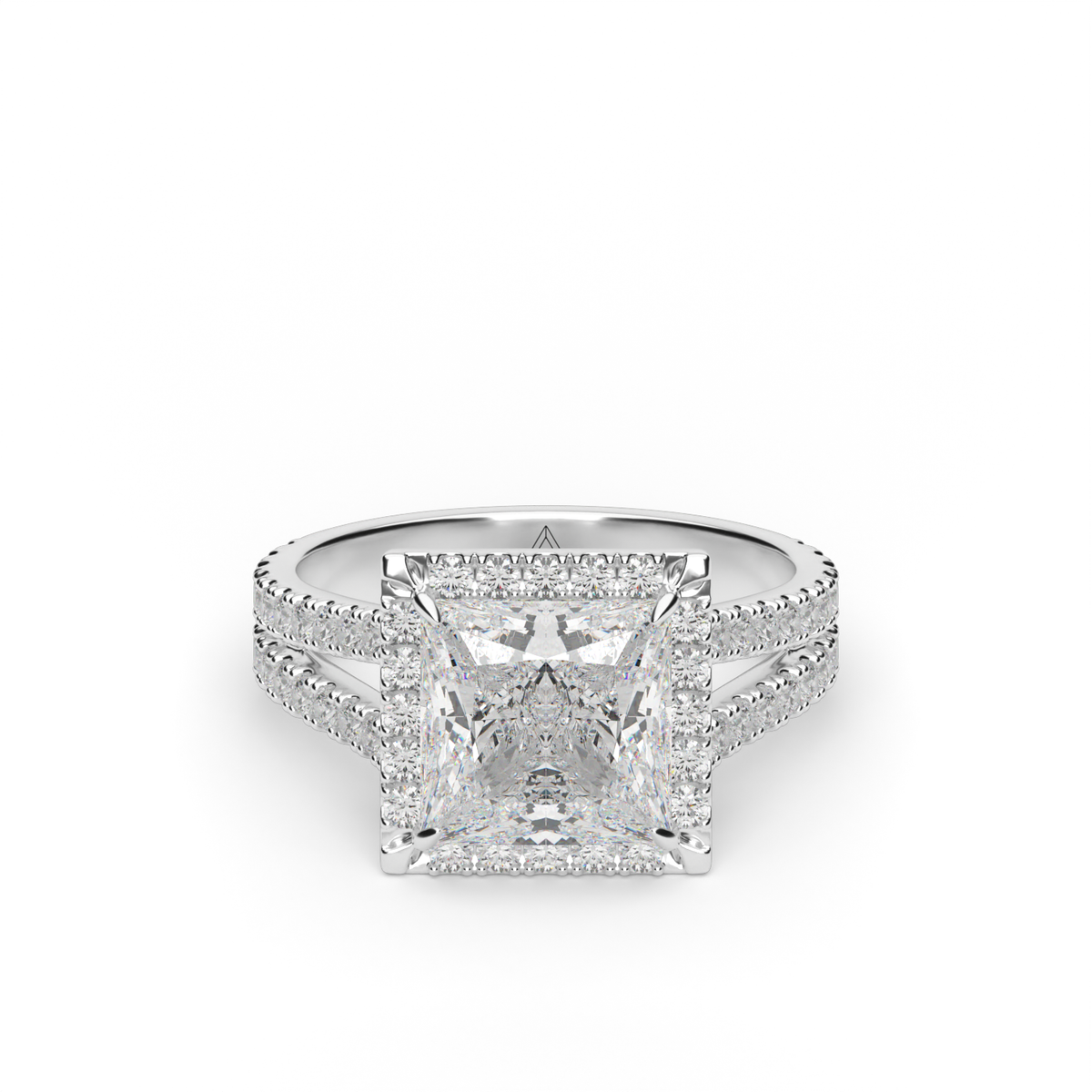 Split Band Diamond Halo Engagement Ring — 14K White Gold / Princess / Lab Diamond (image)