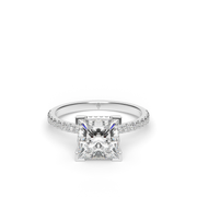 White Gold Princess Cut Diamond Hidden Halo Pave Engagement Ring With U Cut Setting.
