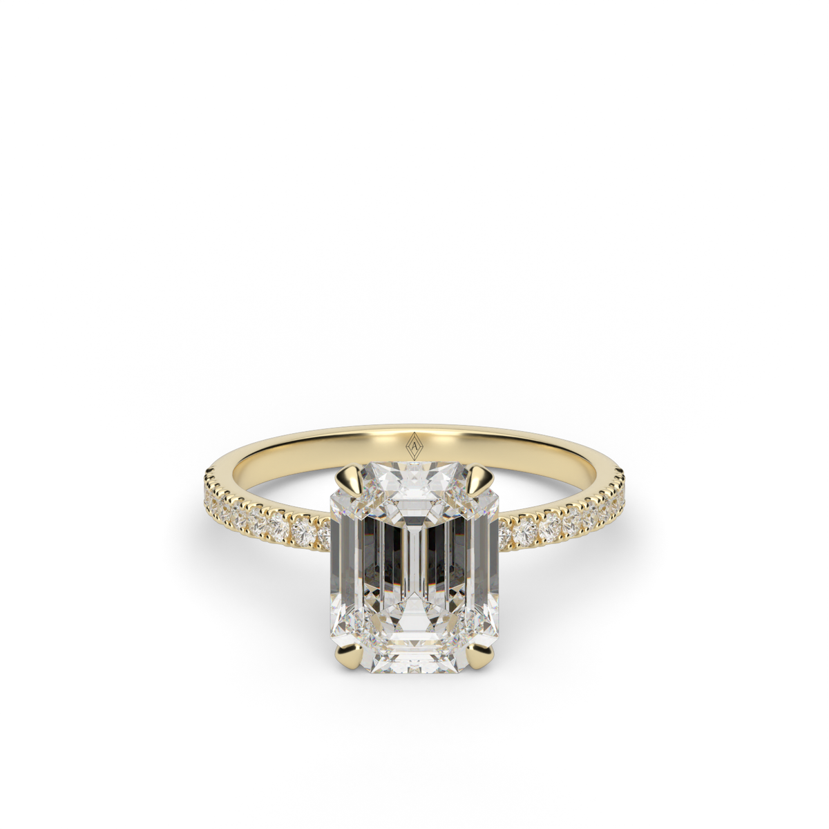 Petite Pavé Crown Diamond Engagement Ring — 14K Yellow Gold / Emerald / Lab Diamond (image)
