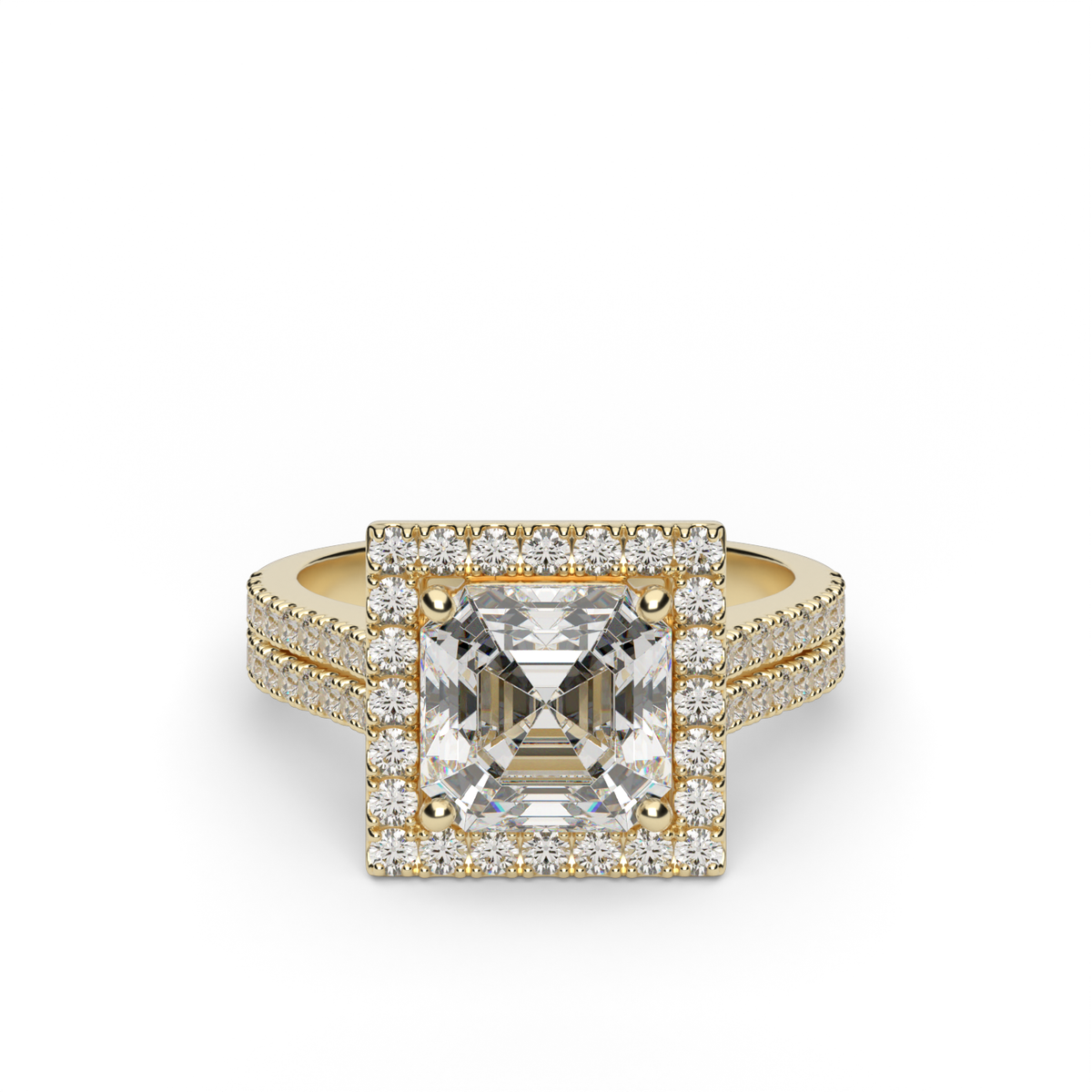 Double Shank Halo Diamond Engagement Ring — 14K Yellow Gold / Asscher / Lab Diamond (image)