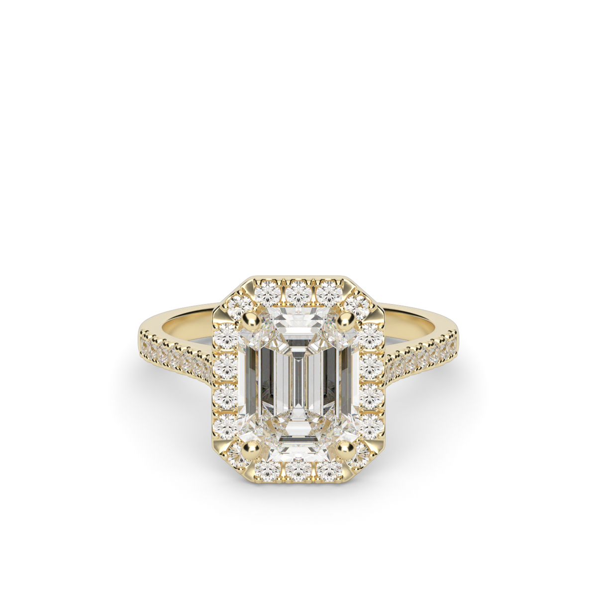 Pavé Halo and Shank Diamond Engagement Ring — 14K Yellow Gold / Emerald / Lab Diamond (image)