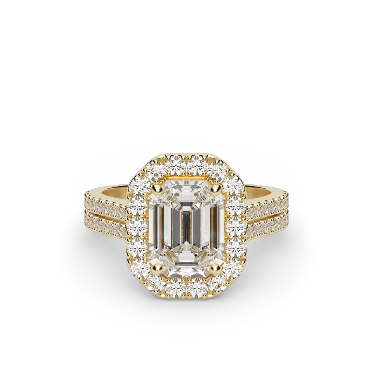 Double Shank Halo Diamond Engagement Ring — 14K Yellow Gold / Emerald / Lab Diamond (image)