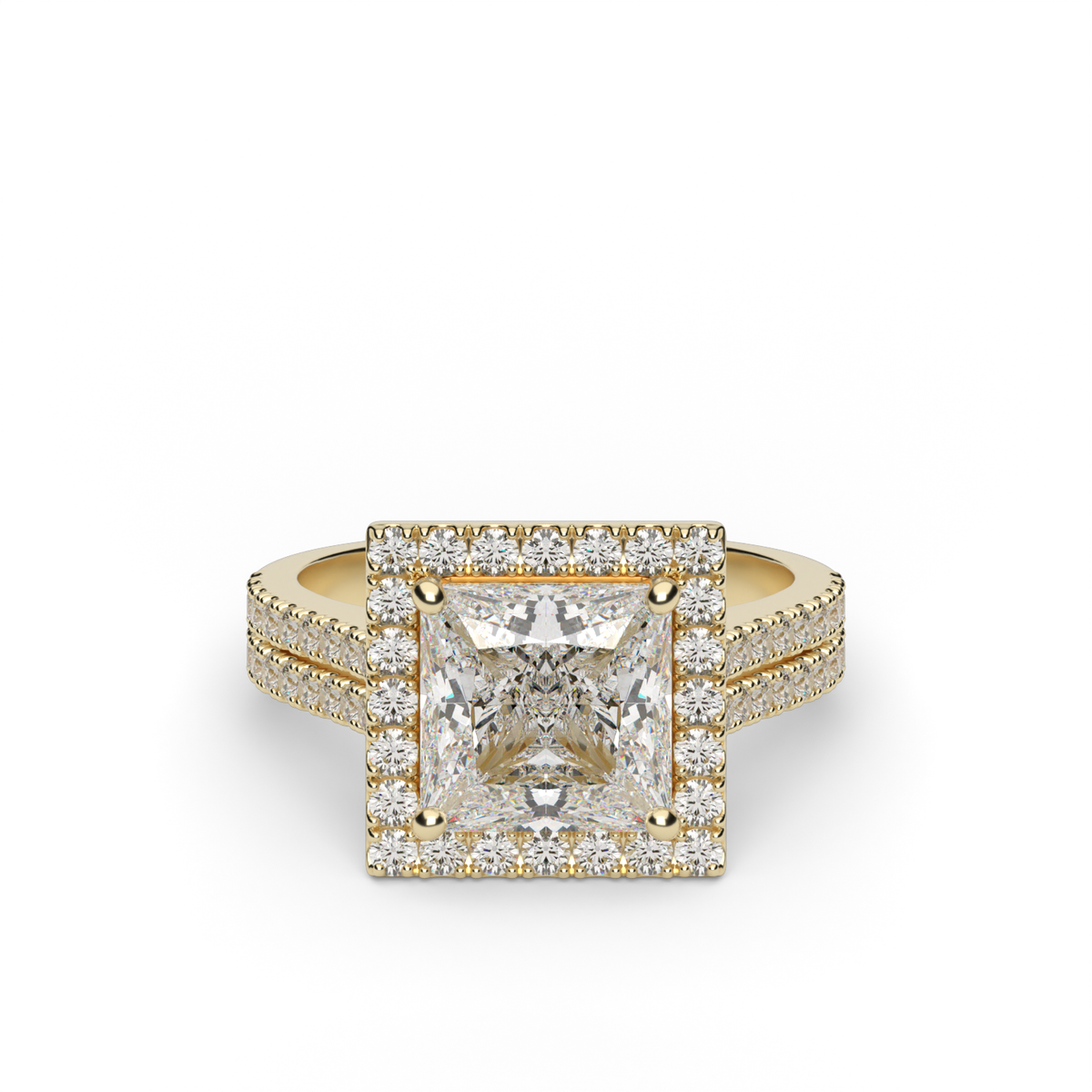 Double Shank Halo Diamond Engagement Ring — 14K Yellow Gold / Princess / Lab Diamond (image)