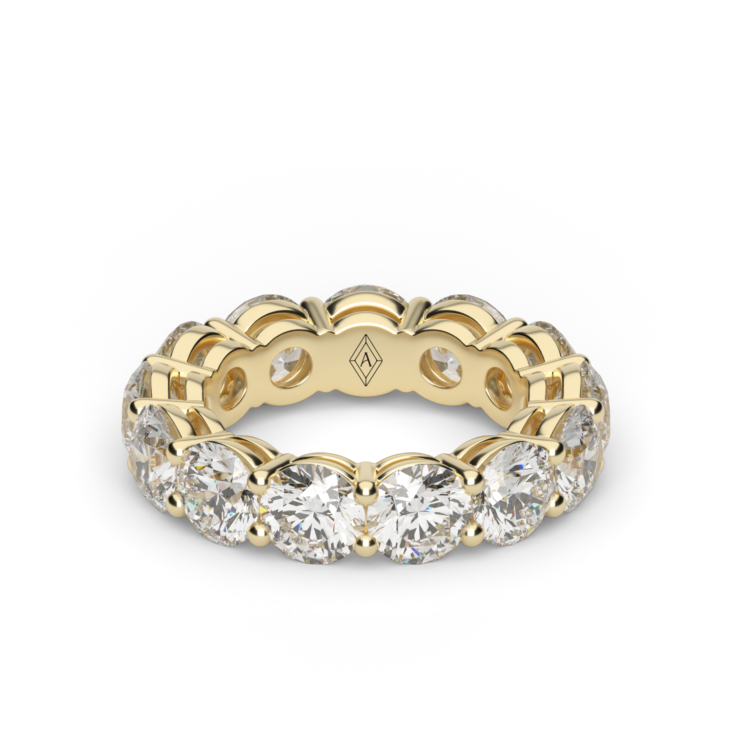 6 carat yellow gold eternity ring with round diamonds in shared prong setting