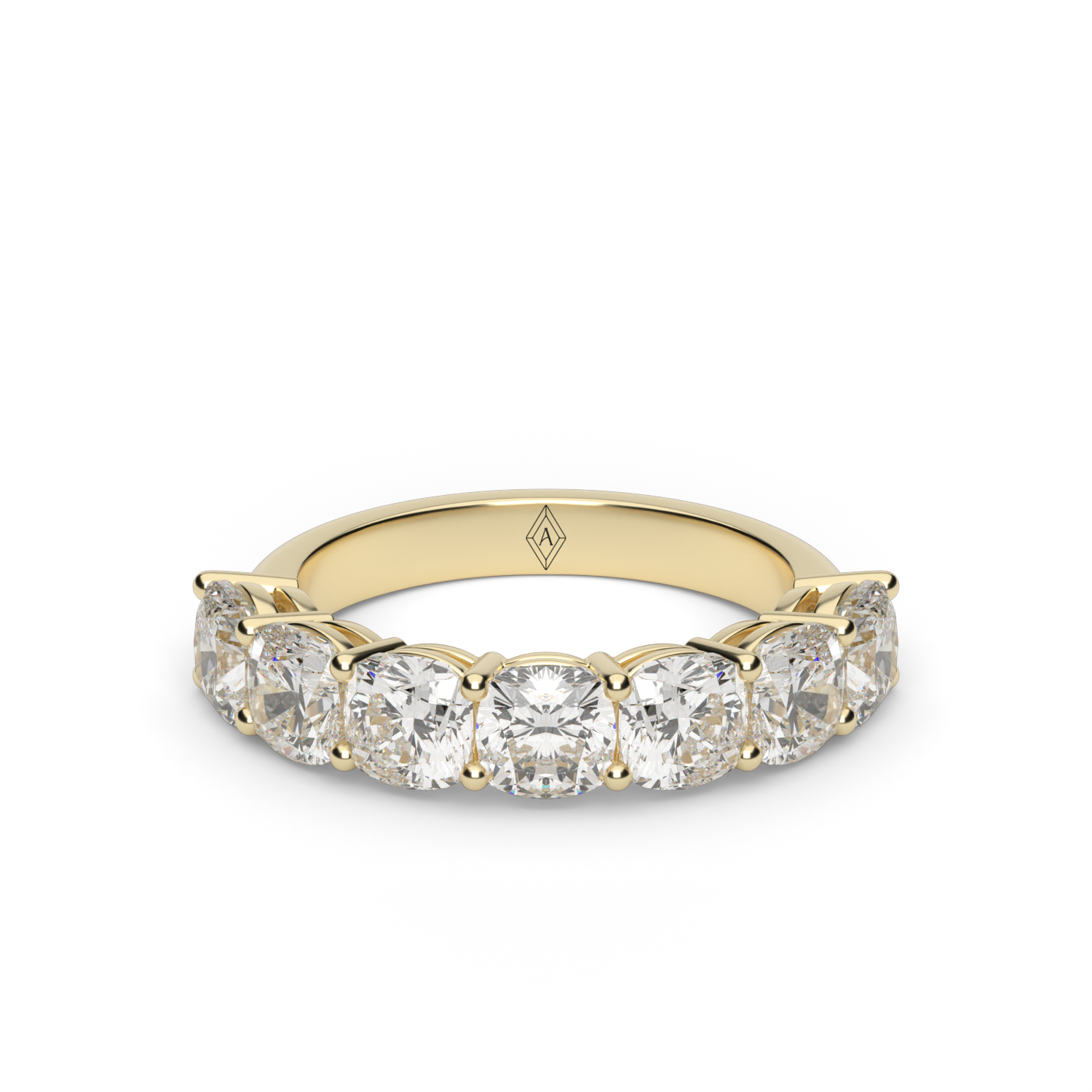 Seven stone cushion cut diamond anniversary ring in yellow gold
