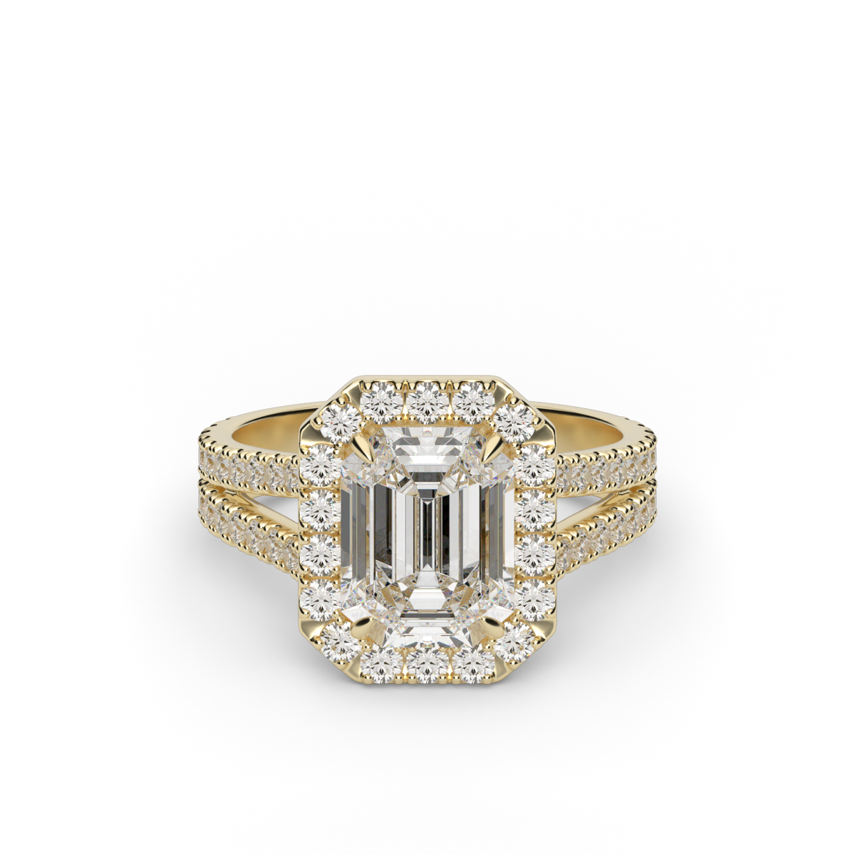 Split Band Diamond Halo Engagement Ring — 14K Yellow Gold / Emerald / Lab Diamond (image)