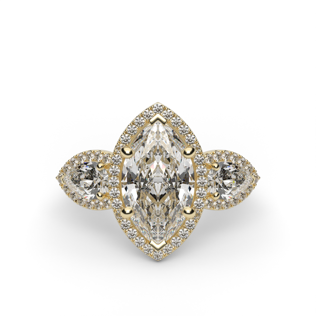 Marquise Cut Diamond Halo Trio Engagement Ring — 14K Yellow Gold / Marquise / Lab Diamond (image)
