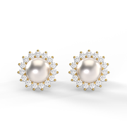Yellow Gold Round Shape DIamond Pearl Stud Earrings With Prong Setting
