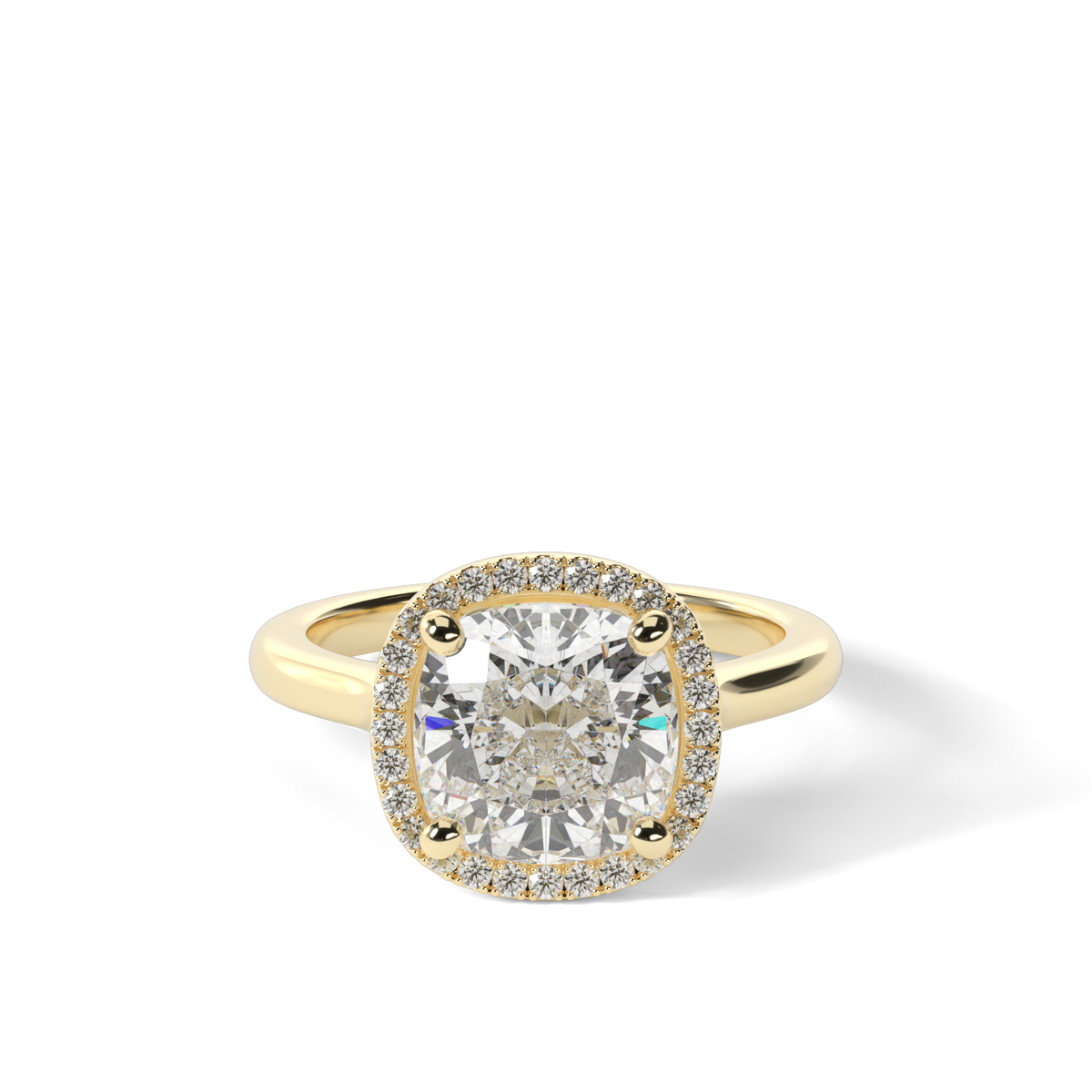 Pavé Halo Solitaire Shank  Engagement Ring — 14K Yellow Gold / Cushion / Lab Diamond (image)