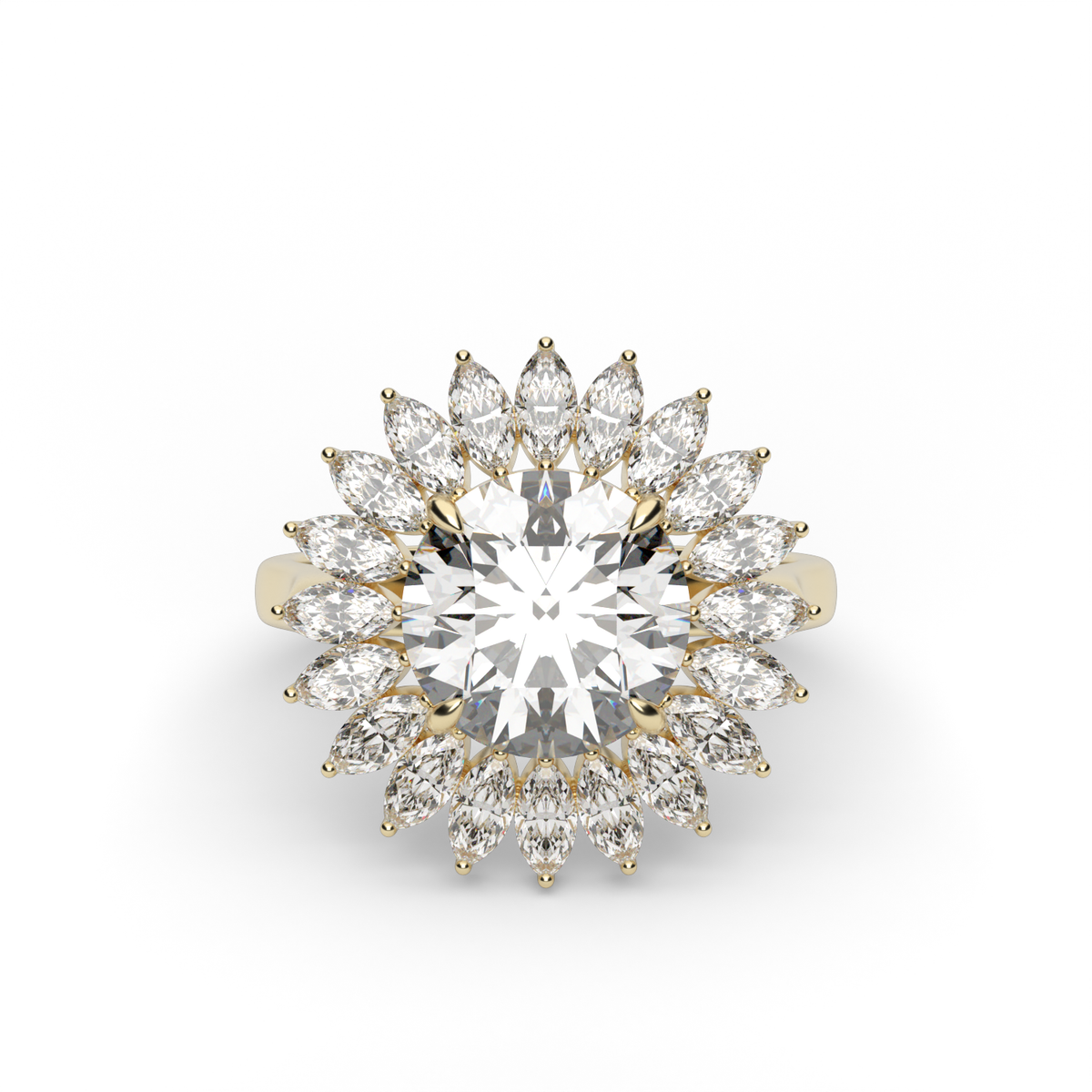 Marquise Diamond Bloom Halo Engagement Ring — 14K Yellow Gold / Round / Lab Diamond (image)
