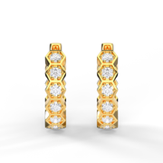 Yellow Gold Diamond Hoop Earrings With Hexagon Honeycomb Design With Prong Setting