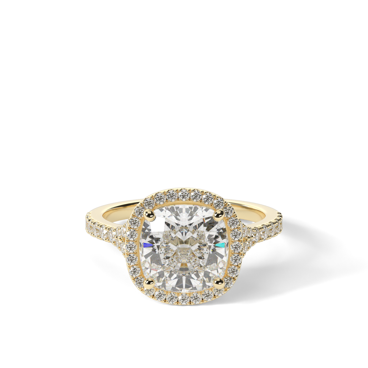 Halo Engagement Ring With Split Shank — 14K Yellow Gold / Cushion / Lab Diamond (image)