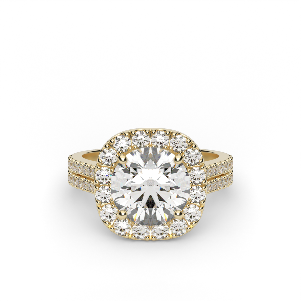 Double Shank Halo Diamond Engagement Ring — 14K Yellow Gold / Round / Lab Diamond (image)