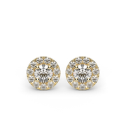 Yellow Gold Round Shape Diamond Halo Pave Stud Earrings With U Cut Setting