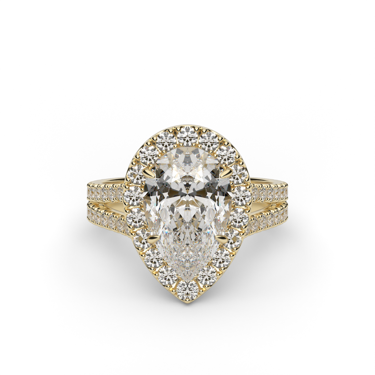 Split Band Diamond Halo Engagement Ring — 14K Yellow Gold / Pear / Lab Diamond (image)